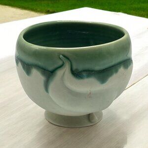 Kathryn Narrow Signed Footed Pottery Bowl Wavy Drip Teal Blue Green Texture READ